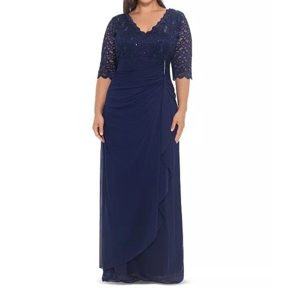 Betsy & Adam Navy Lace Sequin Wrap 3/4 Sleeve V Neck Gown Dress Womens Size 22W